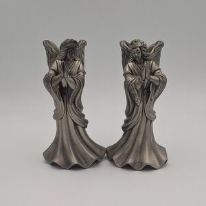 Vintage Pair Praying Angels Heavy Pewter Candle Stick Holders Holidays Christmas